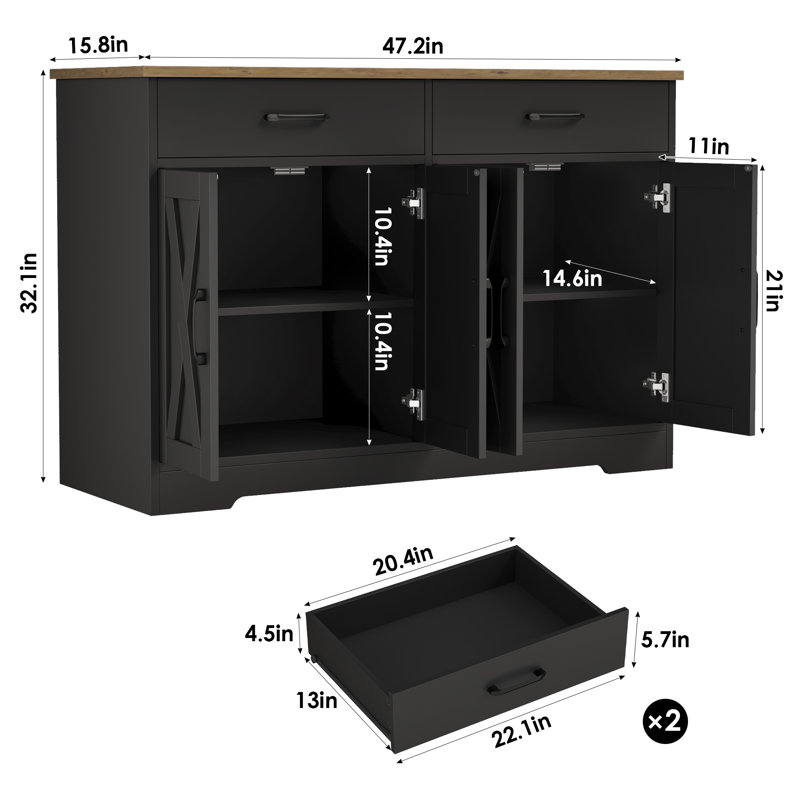 Armoire décorative 47 po à 4 portes, présentoir avec 2 tiroirs, Brun / Noir