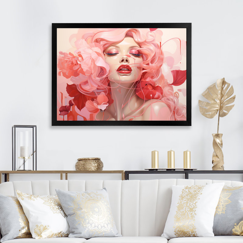 «Pink Pastel Cubism Tones Woman Portrait I - Fashion», art mural, Cadre d'angle fermé noir, H 12 po x l 20 po x P 1 po