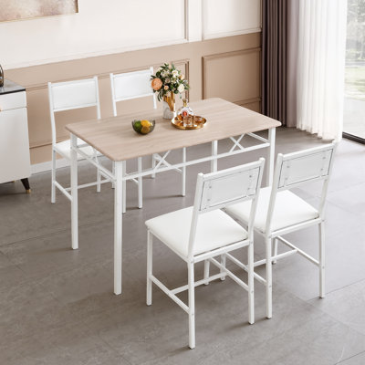 Ensemble de table de salle à manger pour 4 personnes, ensemble de table de salle à manger rectangulaire en bois naturel avec pieds en métal, 4 chaises en cuir pour la cuisine et la salle à manger