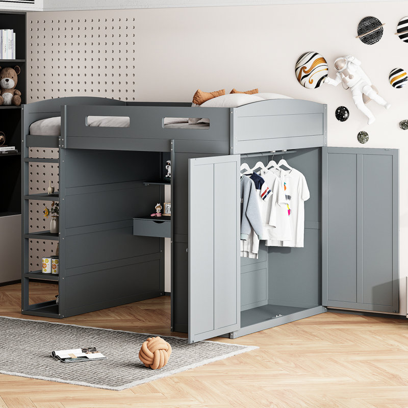 Lit mezzanine double gris avec bureau intégré, 4 tiroirs, tablettes et armoires - Centre de chambre moderne avec tablettes, tiroirs Flame