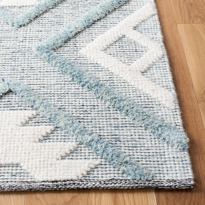 Vermont Hand Loomed Wool/Cotton Southwestern Rug in Blue/Ivory, Rectangle 3' x 5'