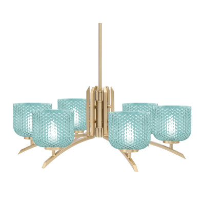 Kurve 6 Light Chandelier Shown In New Age Brass Finish With 6" Textured Glass
