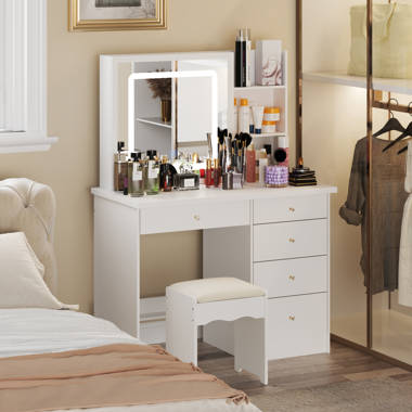 Latitude Run® Kimbereley Makeup Vanity with 3-Color Dimmable Lighted  Mirror, Side Storage Shelf & 4 Drawers & Reviews
