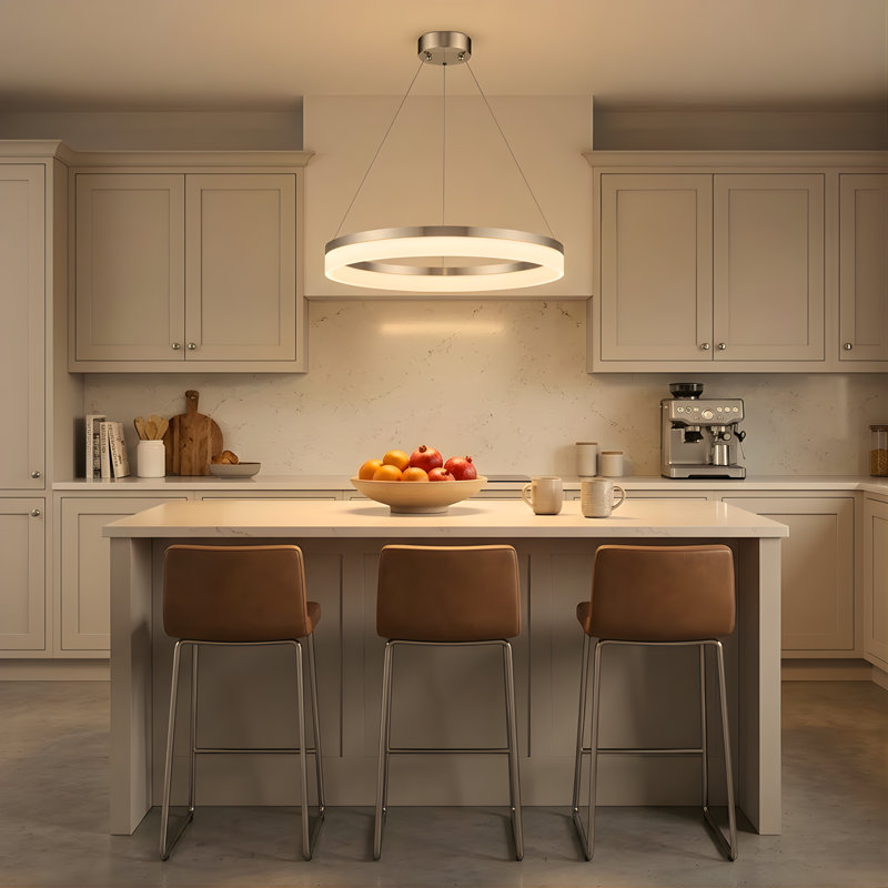 Luminaire suspendu à lentille halo en acrylique 23,5 po de large à finition nickel brossé