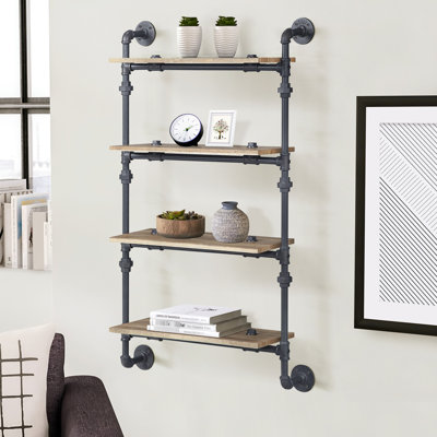 Decorative 4 Wall Shelf In Rustic Oak And Sandy Black Hue For Living Room