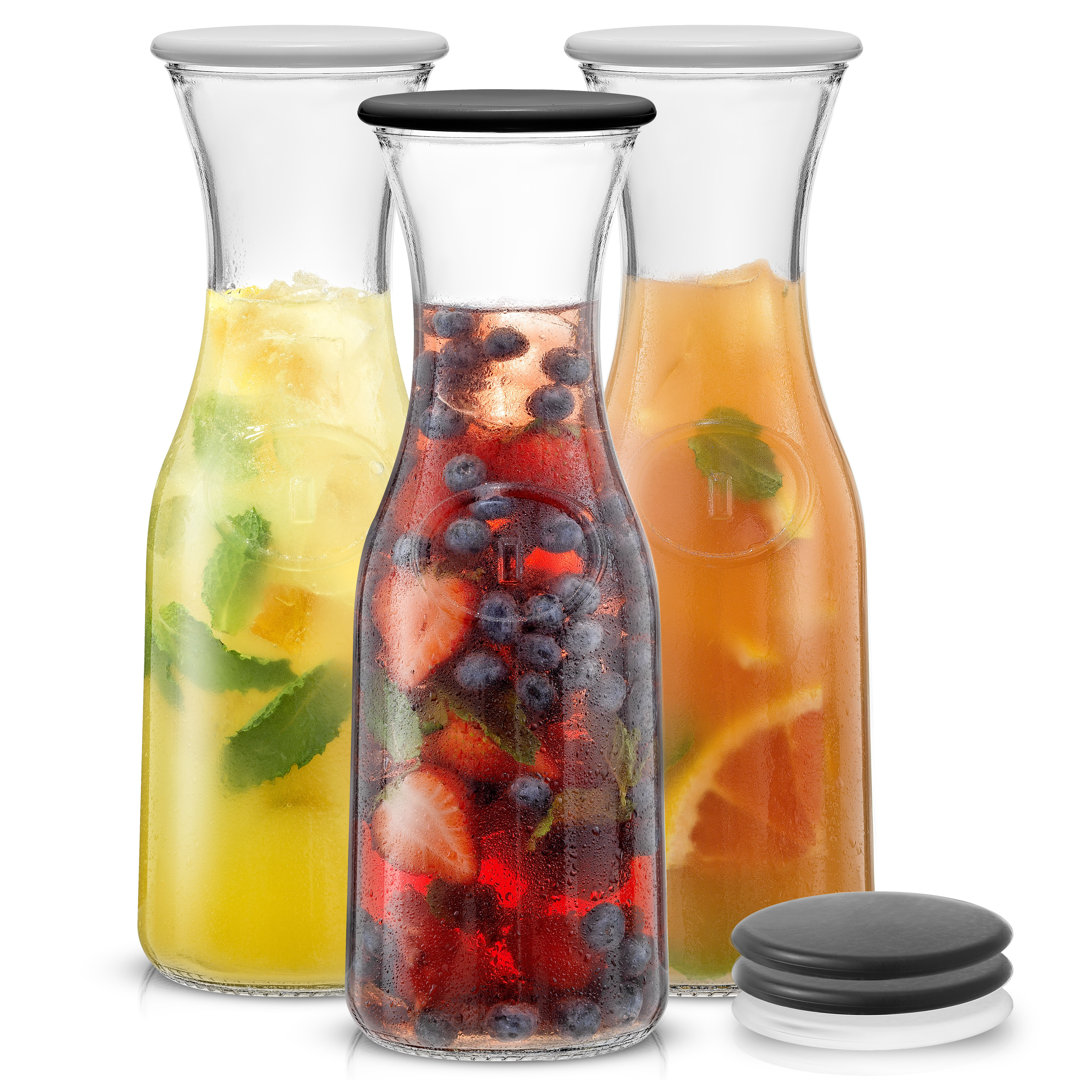 JoyJolt Hali Glass Carafe Bottle Pitcher with 6 Lids, 36 oz (Set of 3) JoyJolt
