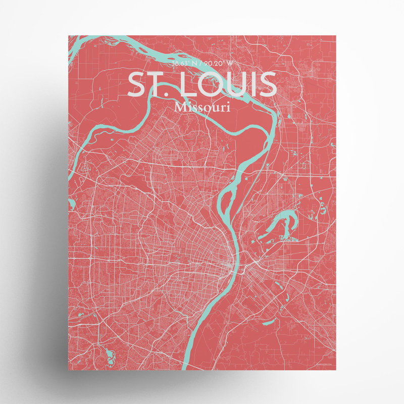 St. Louis City Map, impression, H 20 po x l 16 po, Rose / bleu pastel