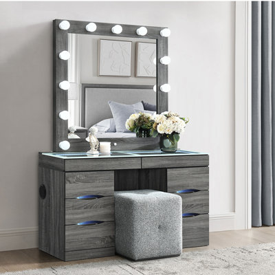 Ensemble coiffeuse et tabouret gris Lorena