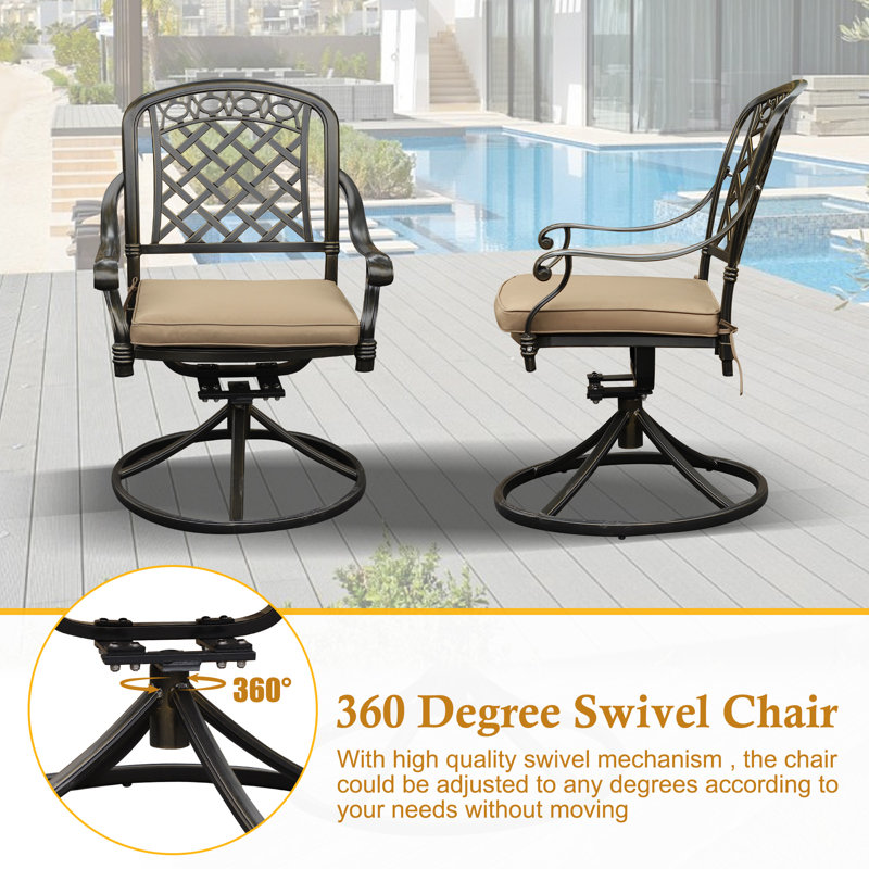 Antique Bronze Swivel Patio Dining Chairs with Cushions, Set of 2