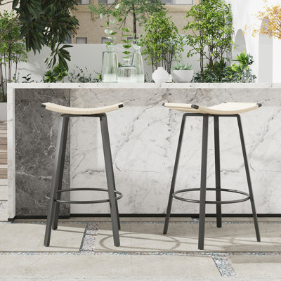 Counter Height Bar Stools Backless Handwoven PVC Weaving Dining Chairs with Round Footrest, Set of 2 for Indoor & Outdoor Use