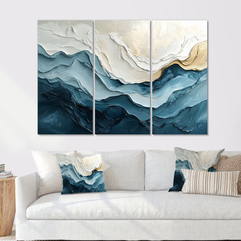 Ensemble 2 pièces d'art mural «White and Blue Marble Wave II», Toile tendue, H 40 po x l 60 po x P 1 po