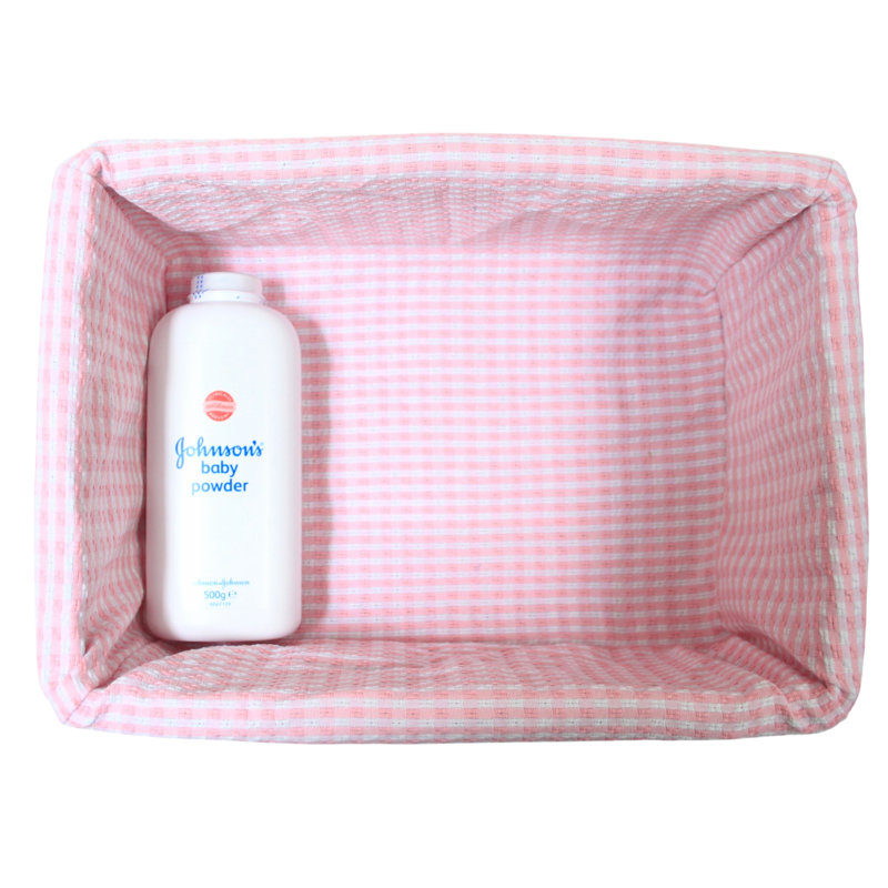 White Wicker Storage Basket with Pink Gingham Lining - 39x28x16cm