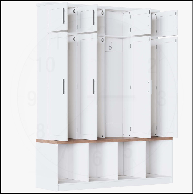 Farmhouse Hall Tree with Hidden Hooks and Storage, Versatile Walnut Seating Bench for Entryways and Living Rooms, White