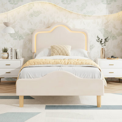 Upholstered Bed Frame with Adjustable Headboard and Footboard, Velvet Princess Platform Bedframe for Kids/Girls