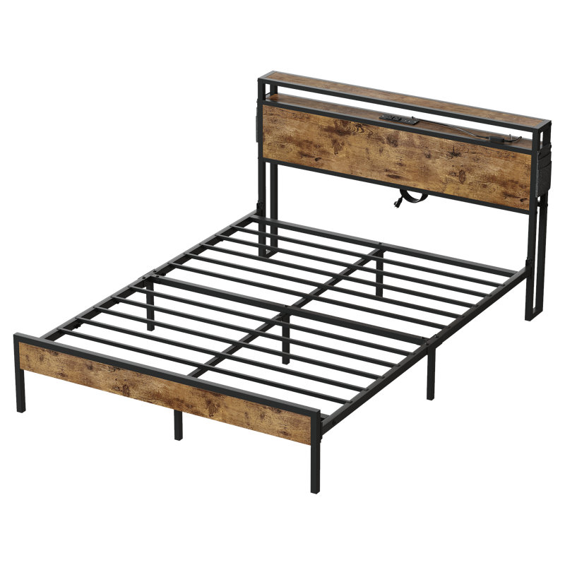 Queen Metal Bed Frame with Rustic Wood Storage Headboard and LED Lights