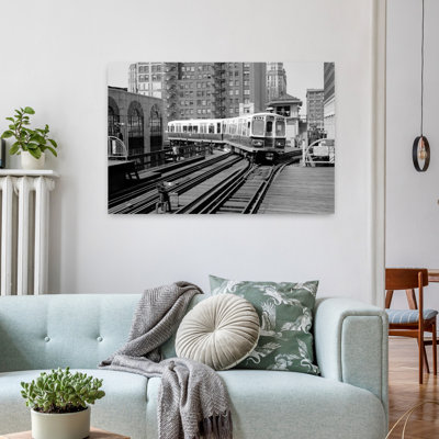 1960, 1970, Chicago, transport en commun, El Train, tournant dans la boucle sur Wells Street, rétro, rétro, art urbain classique