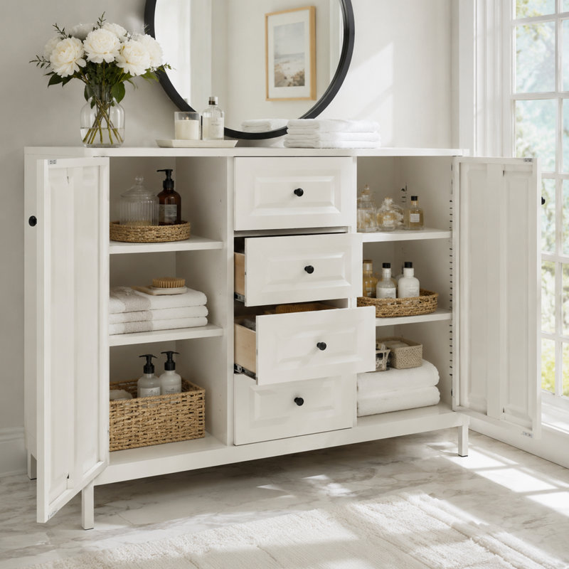 Buffet 40 po avec 4 tiroirs et 2 portes en métal blanc moderne