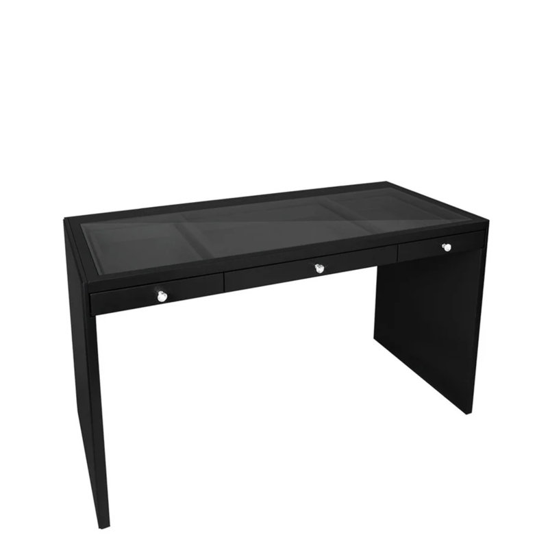 SlayStation Plus Premium Vanity Table with Clear View Glass Top, Makeup Desk with 3 Soft Close Drawers , Black