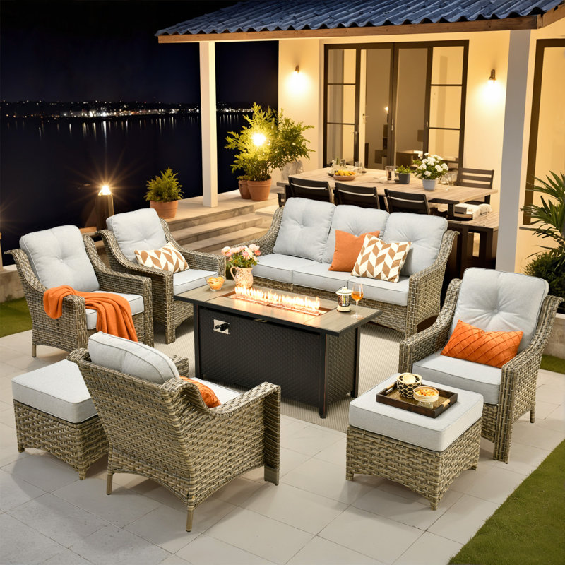 Emanuell 7 - Person Wicker Outdoor Conversation Set, Patio Sofa Set with Fire Pit and Cushions, Light Gray