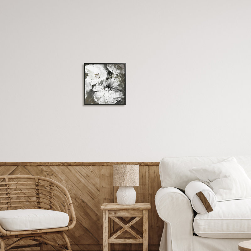 " Abstract White & Grey Flowers " by Design Fabrikken Painting Print, Midnight Black Framed Giclee, 12" H x 12" W x 1.5" D