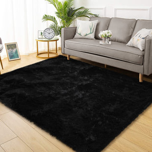 Latepis Sheepskin Faux Furry Black Cozy Rugs 6 ft. x 9 ft. Area