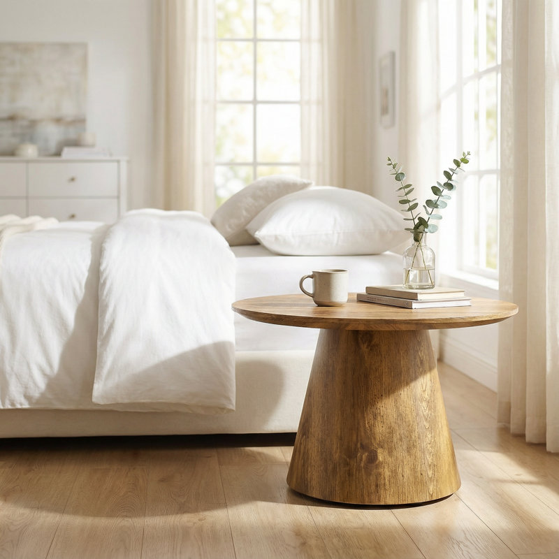 Table basse contemporaine contemporaine avec finition grain de bois naturel - plateau de 23,6 pouces de diamètre et fabrication robuste, parfaite pour le salon ou la chambre à coucher