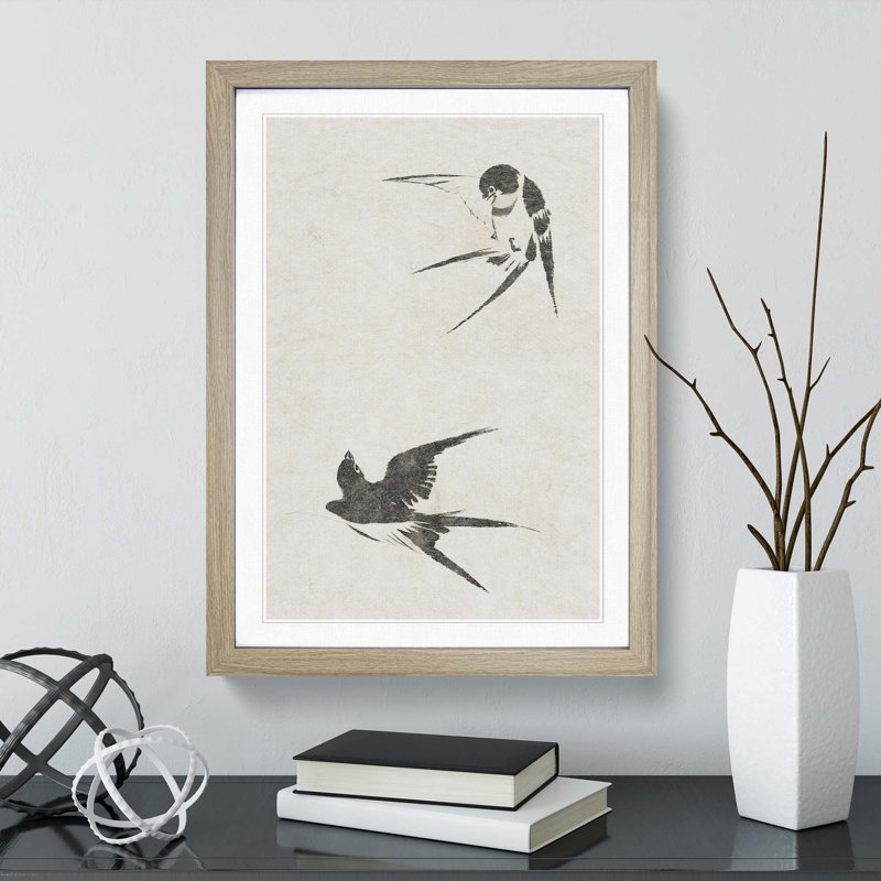 Two Swallows by Sakai Hoitsu - Picture Frame Painting Print on MDF, 48cm H x 36cm W x 2cm D, Oak Framed