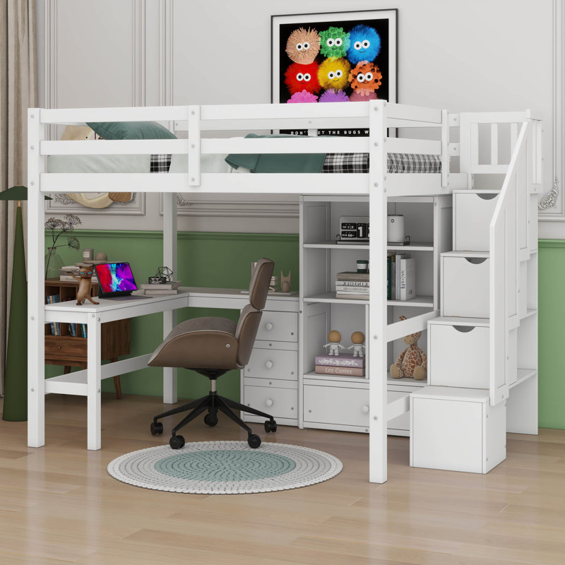 Lit mezzanine double avec bureau en L et escaliers, tiroirs, armoire, Blanc
