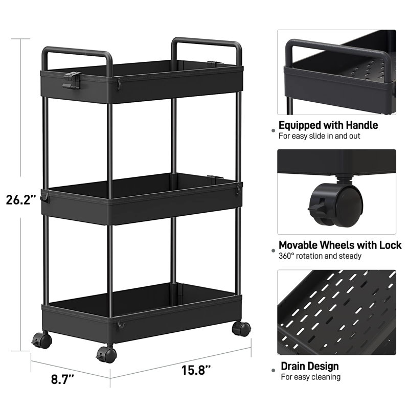 Lidia 66.5cm H x 40.1cm W Utility Cart with Wheels, Black