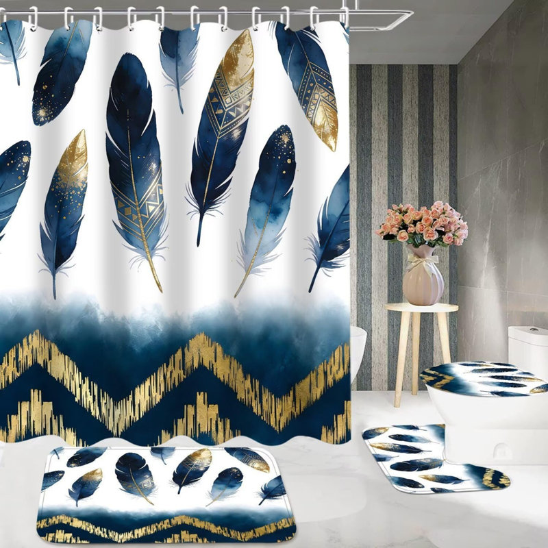 Ensemble de 4 tapis de salle de bain aquarelle plumes bleues