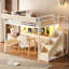 Lit mezzanine industriel en métal Queen avec bureau intégré, prises électriques, bande lumineuse DEL, panneau perforé et escalier de rangement, blanc