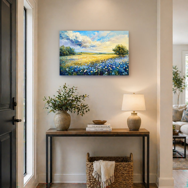 Blue Wildflower Meadow Landscape Wrapped Canvas Wall Art, Impressionist Floral Field Painting, Modern Farmhouse Wall Decor