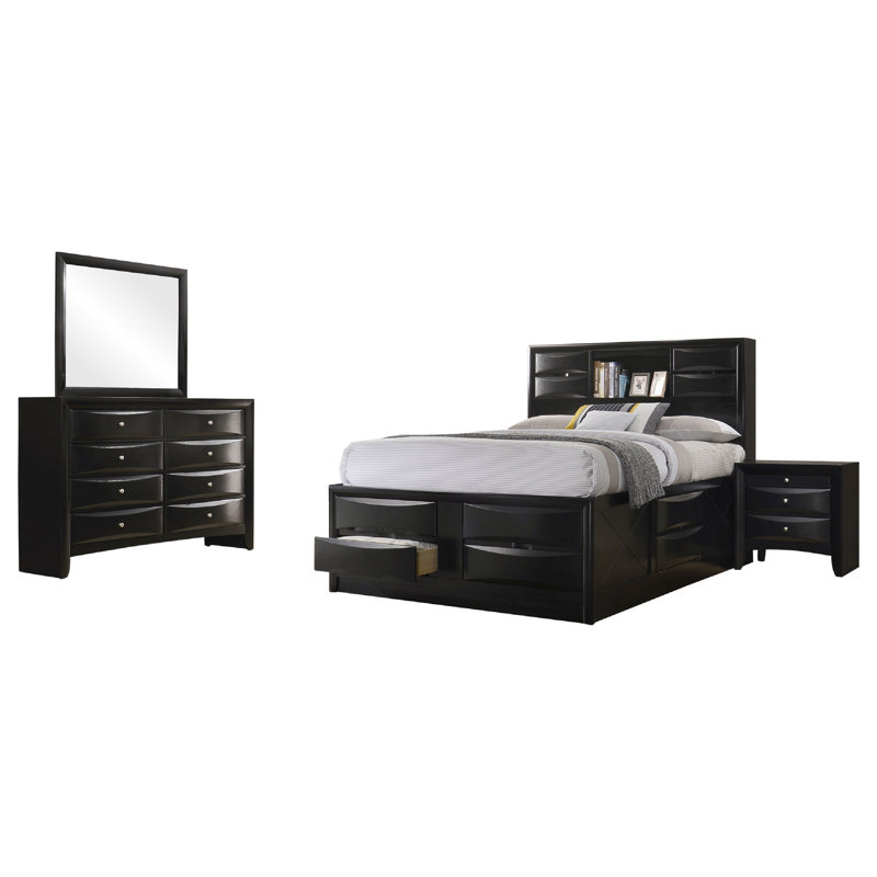 Ica 4pc Queen Bedroom Set with Storage Headboard and Footboard, Black, Queen