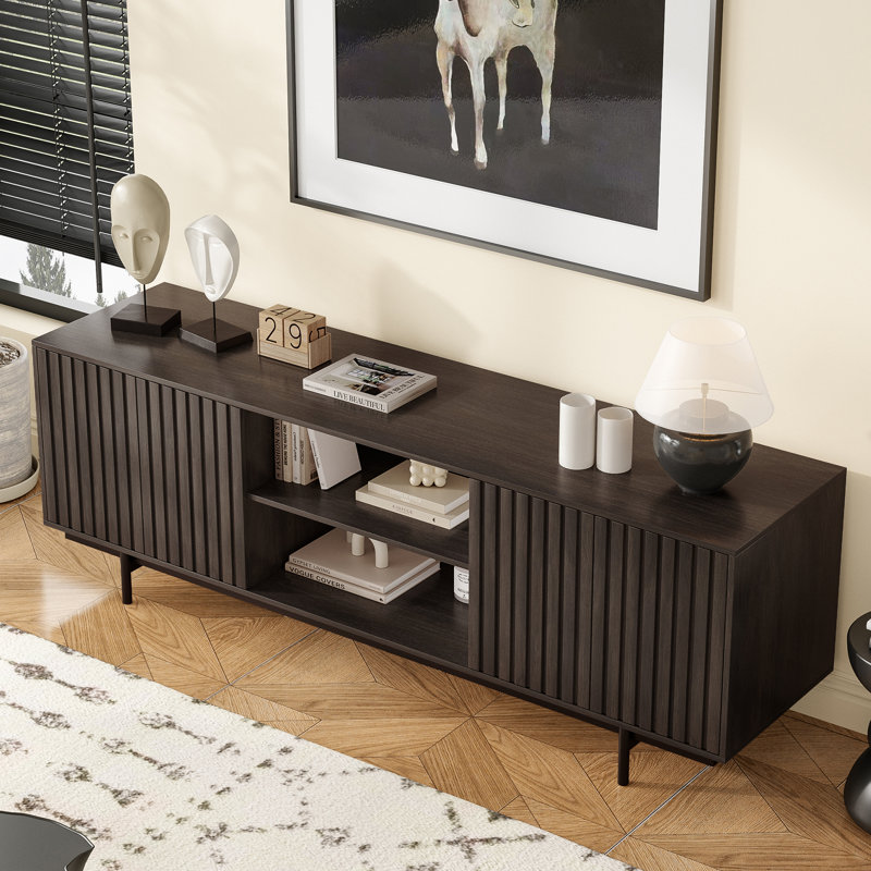 Mid Century Storage TV Stand For Tvs Up To 75", Brown Wood