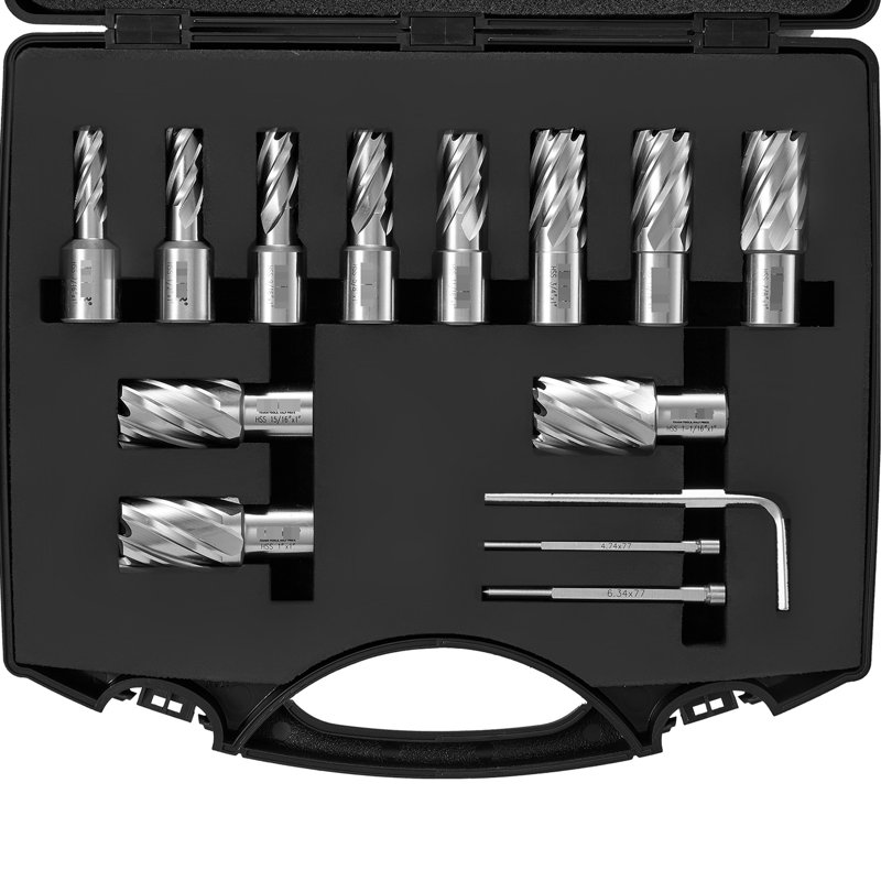 Coffret de 13 forets magnétiques, diamètre de coupe de 7/16" à 1 - 1/16", profondeur de coupe de 1", M2AL, mallette de transport, 2 goupilles de centrage, clé, compatible acier rapide