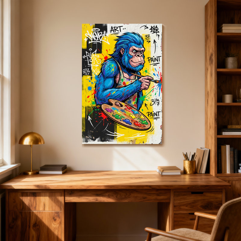 Animaux, singe bleu, peinture avec palette et pinceau, H 30 po x l 20 po