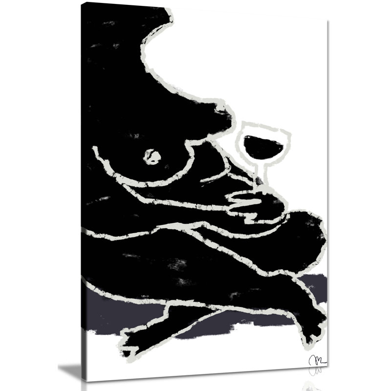 Nude Woman With Wine Glass Abstract Illustration - Wrapped Canvas Art Prints, 91cm H x 61cm W