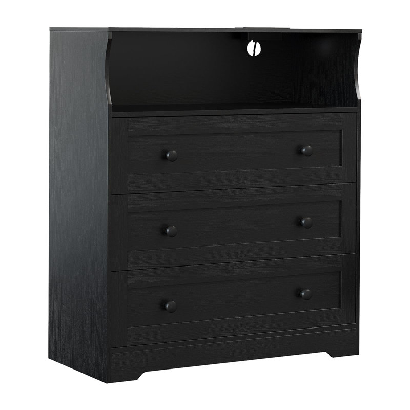 3-Drawer Small Dresser with Charging Station, Modern Wooden Chest of Drawers, Black