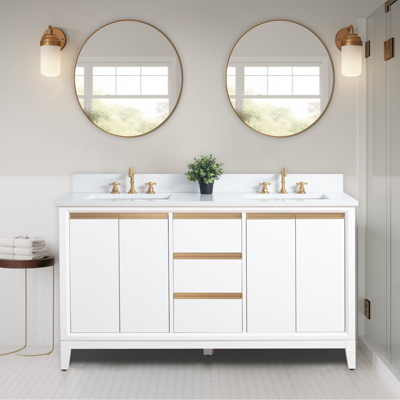 Meuble-lavabo double 60 po avec comptoir, Blanc, Lit double, 60"