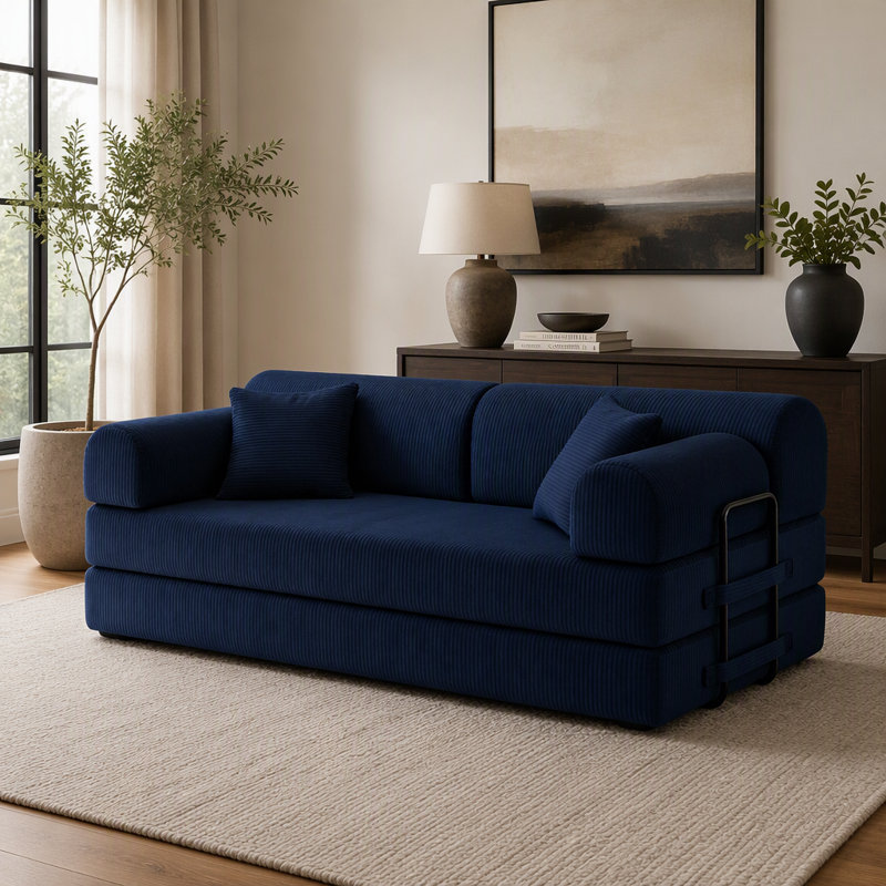 Sofa Upholstered 71.7 " Sleeper Sofa, Velours côtelé, Bleu