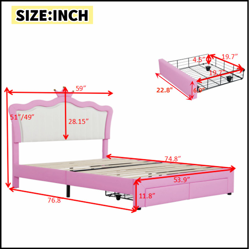 Structure de lit rembourrée avec lumières DEL, lit Princess moderne pour le confort et l'élégance, Lit double
