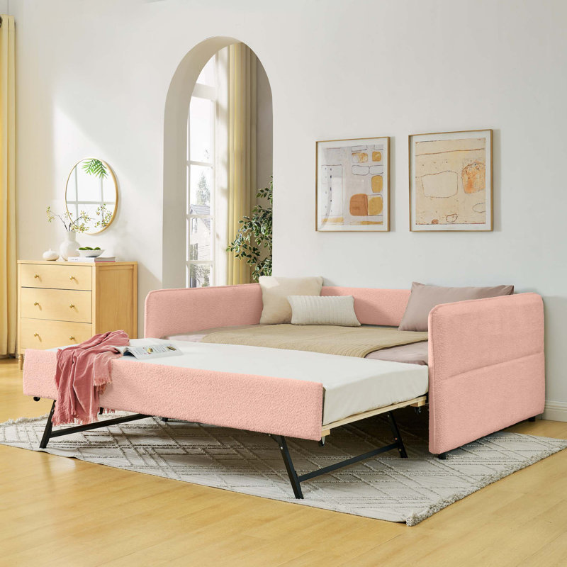 Lit de jour double rembourré avec couchette escamotable et tissu Boucle, Rose