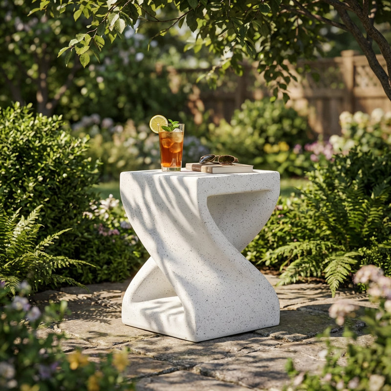 Modern Twisted-Base Terrazzo-Speckled All-Weather Side Table for Indoor and Outdoor Décor