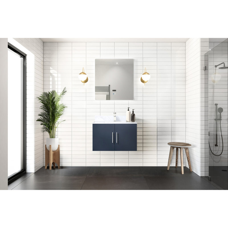 Meuble-lavabo bleu marine pour salle de bain avec comptoir en marbre Grand miroir de salle de bain à DEL, Marine