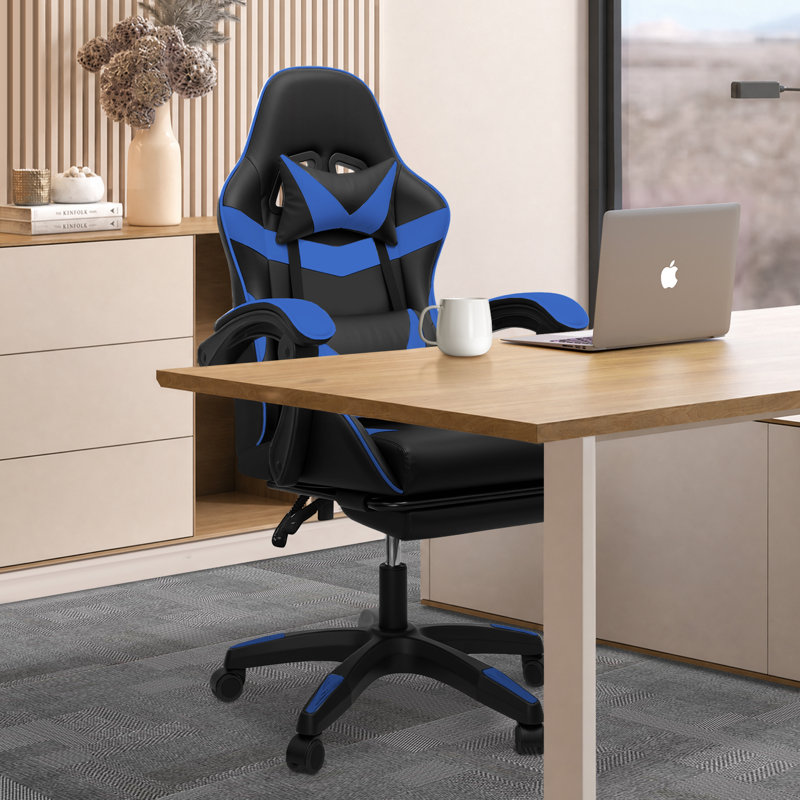 Two Tone Black Blue PU Leather Ergonomic Gaming Chair with Retractable Footrest