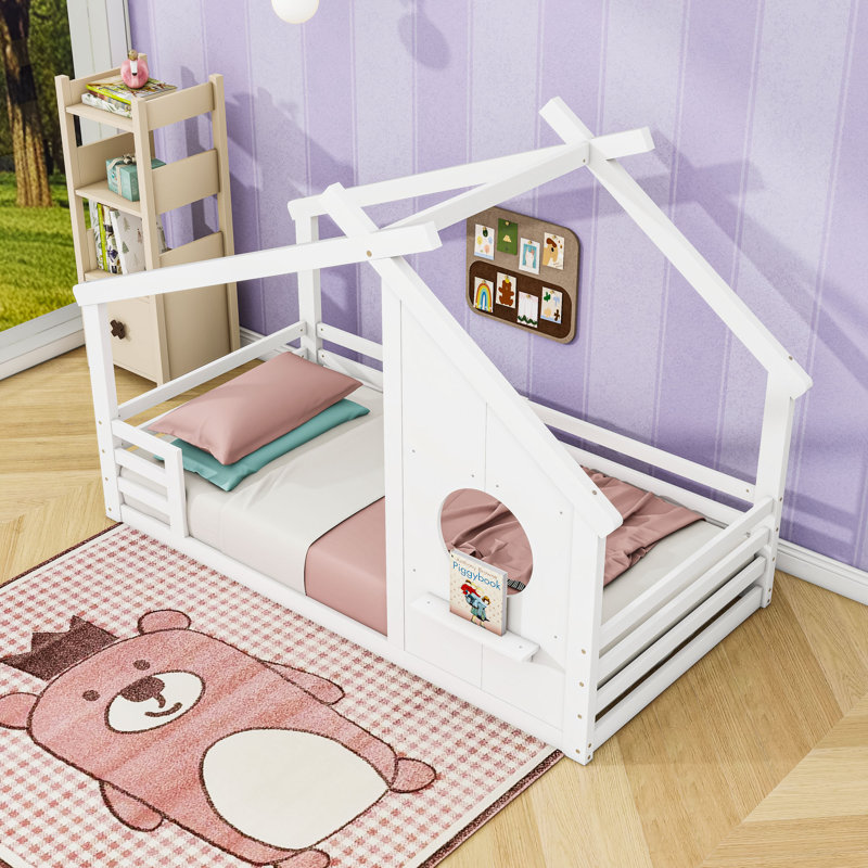 Lit en bois avec toit en forme de maison et lattes, Simple, Blanc