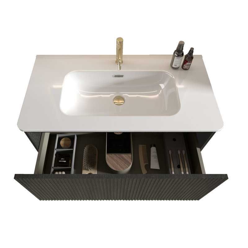 Meuble-lavabo de 91 cm (36 po) en chêne noir rayé, lavabo en céramique blanche, design en U, aspect chêne préassemblé, rangement accru.