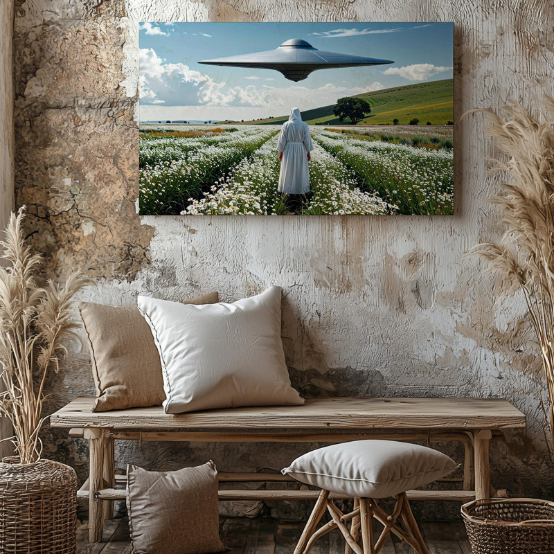 «Tranquil Ufo Encounter Canvasfigur» en blanc dans un champ paisible avec un ovni planant, art mural prêt à être accroché à la galerie