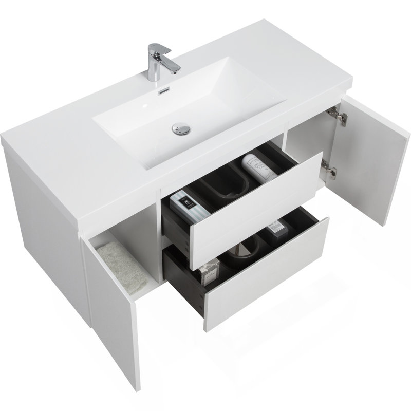 Meuble-lavabo mural 48 po avec lavabo, meuble de rangement mural avec lavabo à surface solide et tiroirs à fermeture en douceur entièrement assemblés, blanc brillant