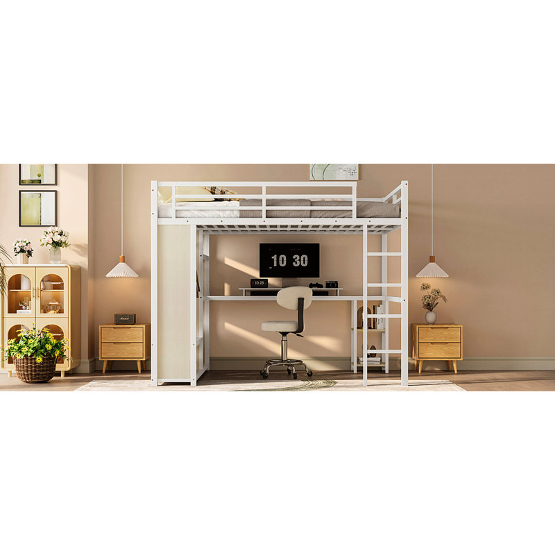 Grain de bois blanc, grand lit mezzanine en métal, bureau, garde-robe, rangement, grand lit, petits espaces
